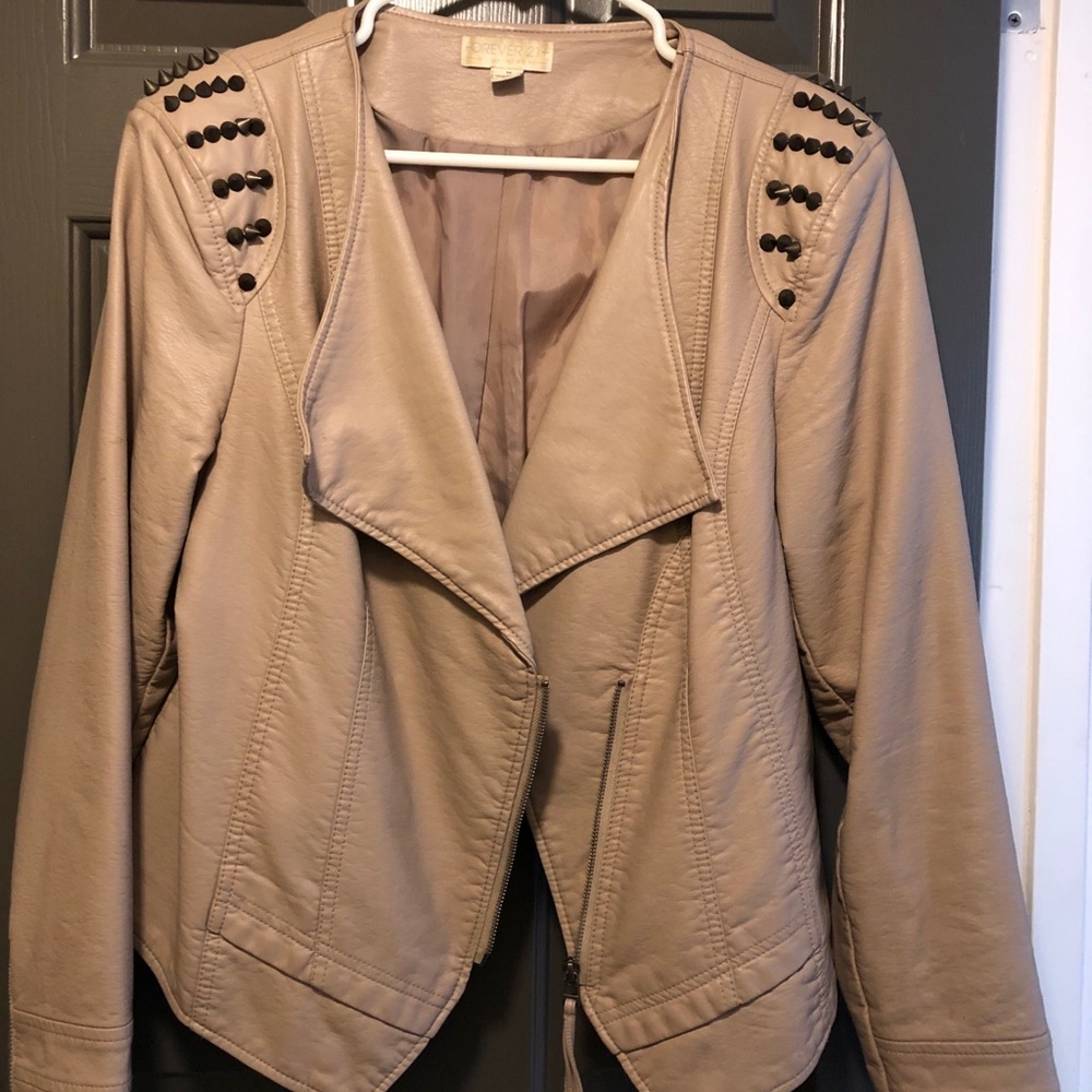 Tan faux leather jacket with studs